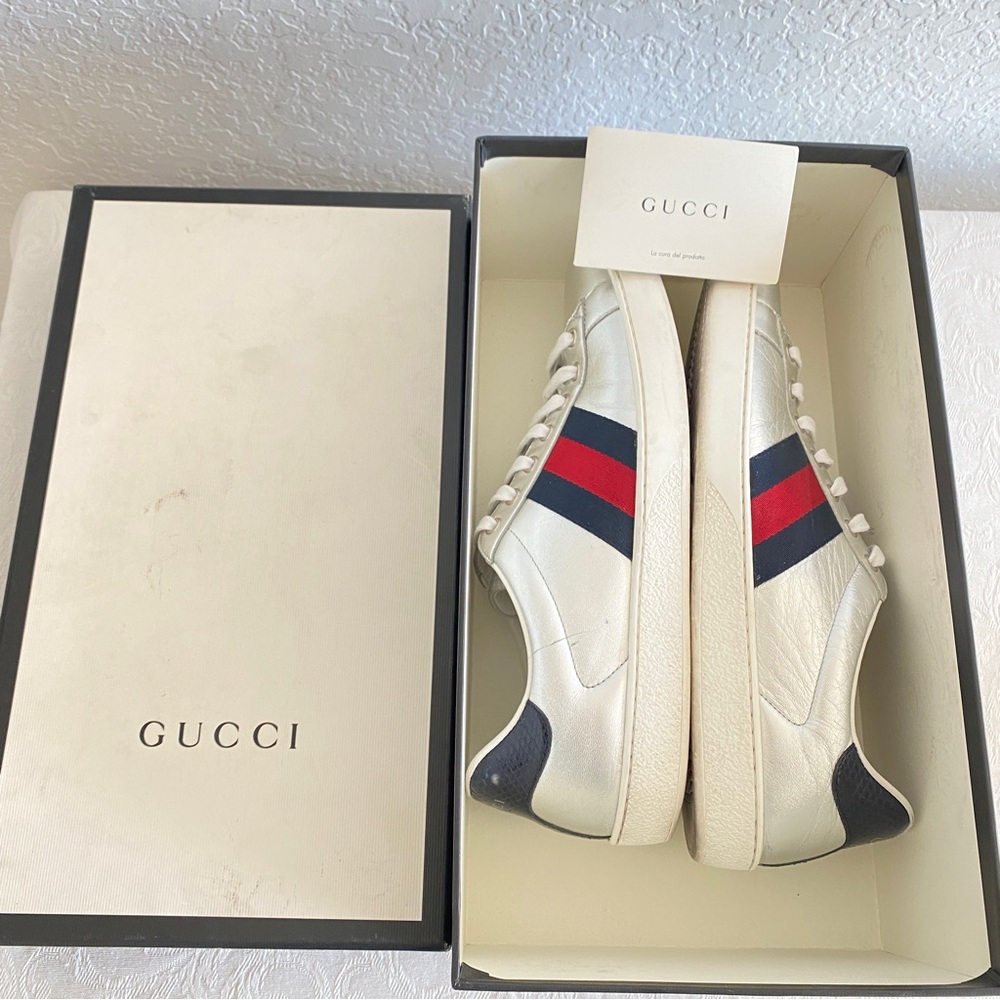 Gucci silver leather Web Sneakers - Picture 11 of 14